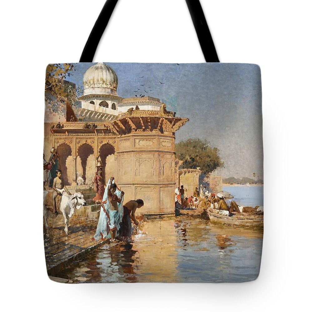 Edwin Lord Weeks Tote Bag featuring the painting Along the Ghats by Celestial Images