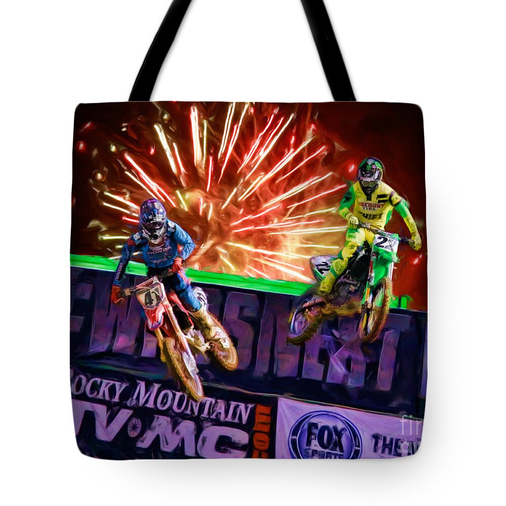 Ama 450sx Supercross Tote Bag featuring the photograph AMA 450SX SuperCross Trey Canard Leads Chad Reed by Blake Richards
