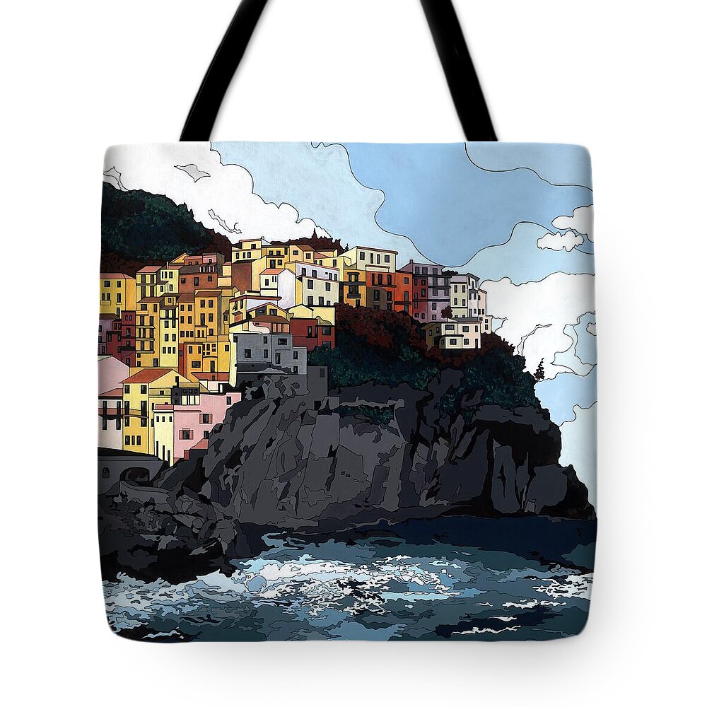 Amalfi Coast Tote Bag featuring the painting Manarola w/hidden pictures by Konni Jensen