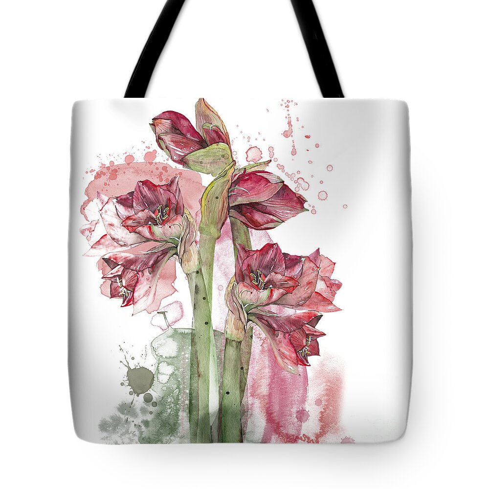 Amaryllis Tote Bag featuring the painting Amaryllis Flowers - 3. - Elena Yakubovich by Elena Daniel Yakubovich