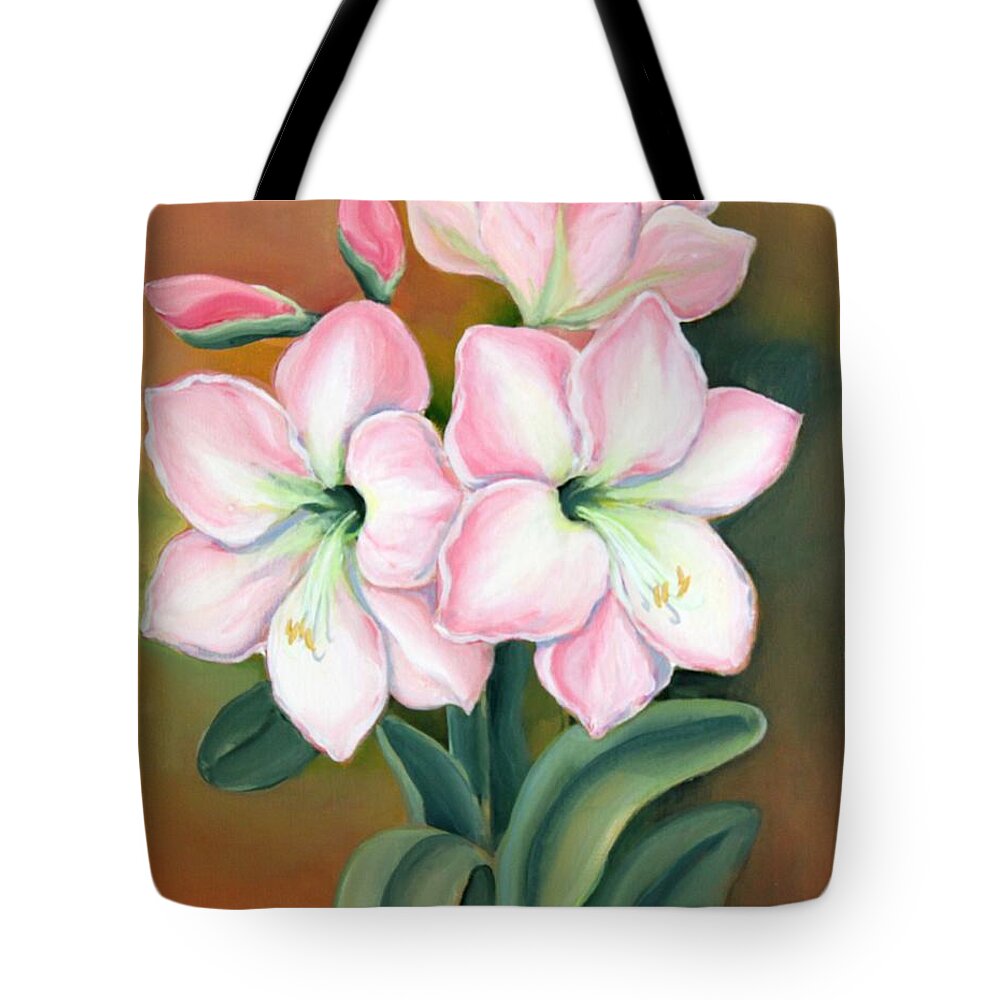 Amaryllis Tote Bag featuring the painting Amaryllis for ladies by Inese Poga