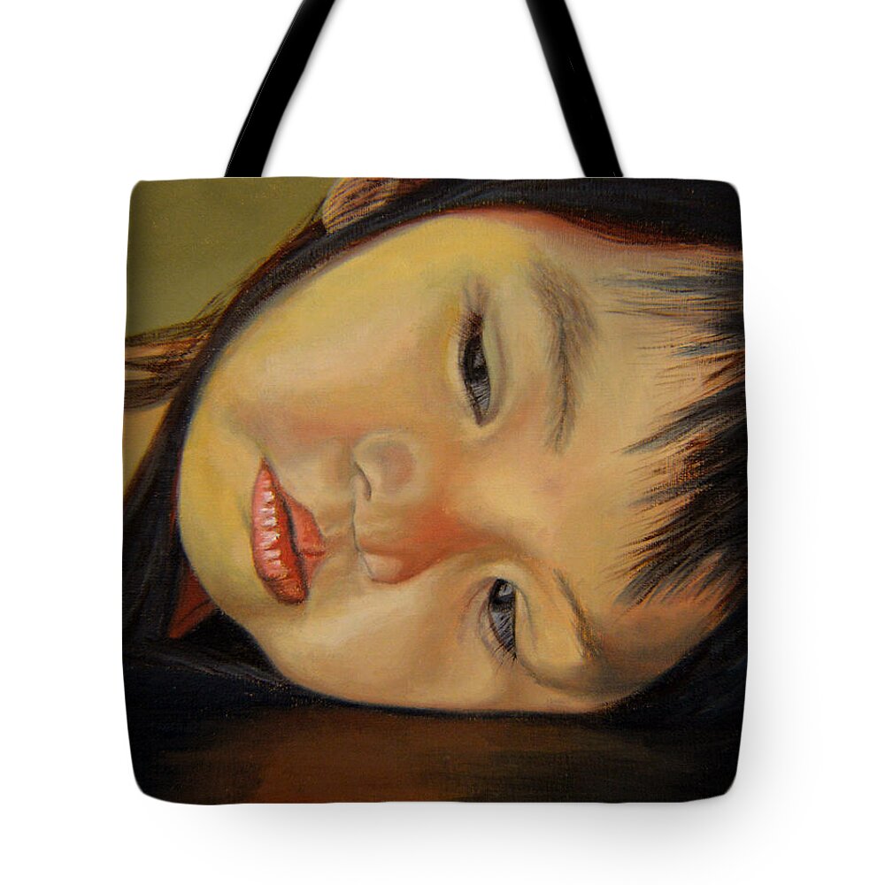 Child Painting Tote Bag featuring the painting Amelie-An 12 by Thu Nguyen