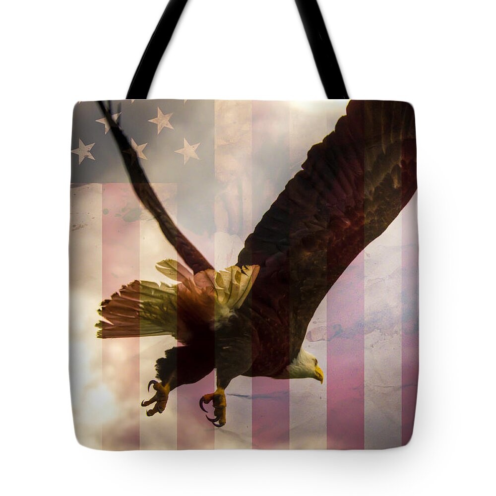 Bald Eagle Tote Bag featuring the photograph American Bald Eagle In Flight wtih Flag by Natasha Bishop