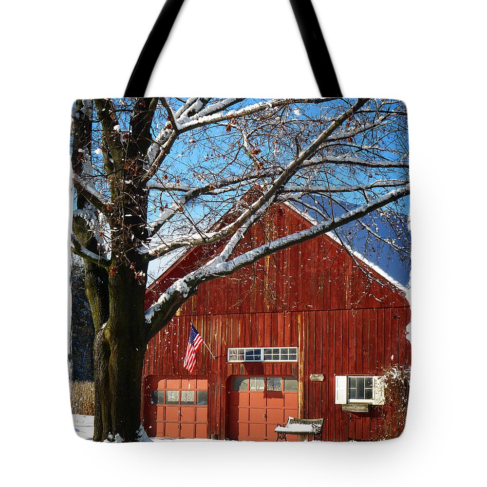 Flag Tote Bag featuring the photograph American Flag Red Barn by Dee Flouton