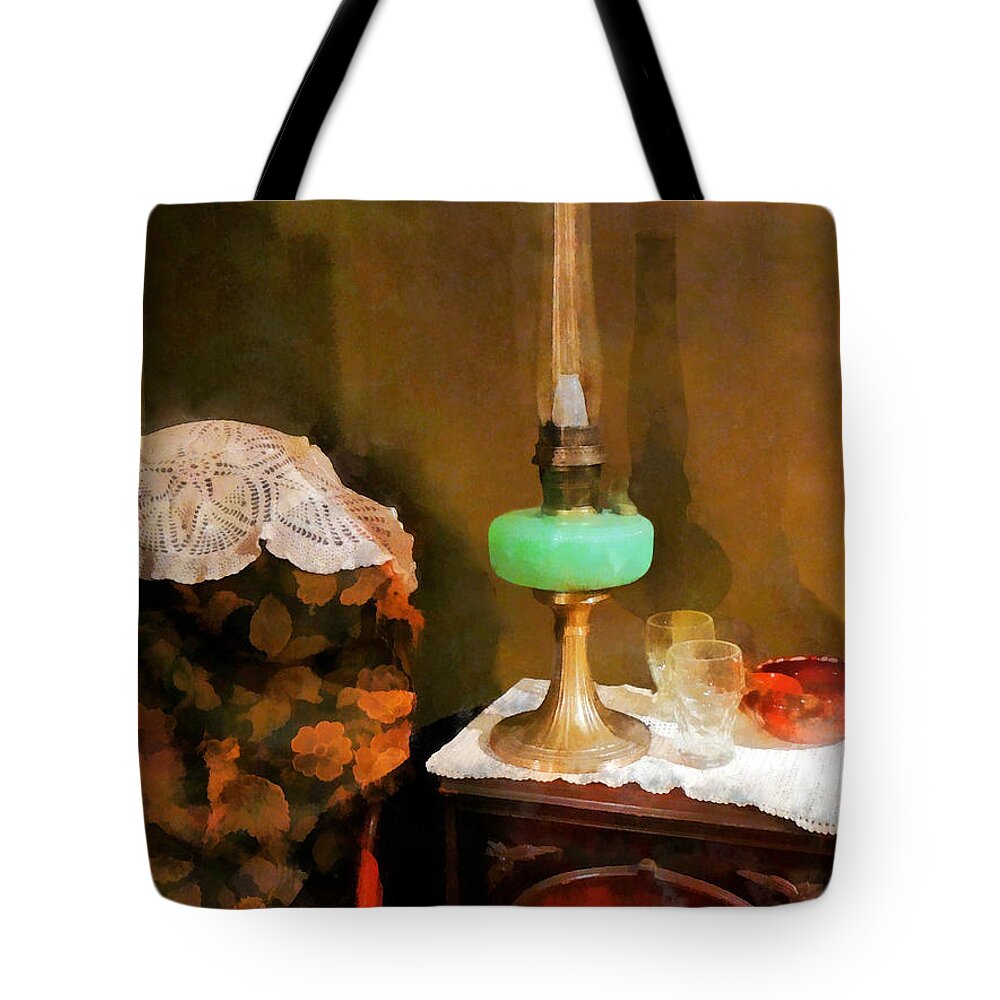 Lamp Tote Bag featuring the photograph Americana - Still Life With Hurricane Lamp by Susan Savad