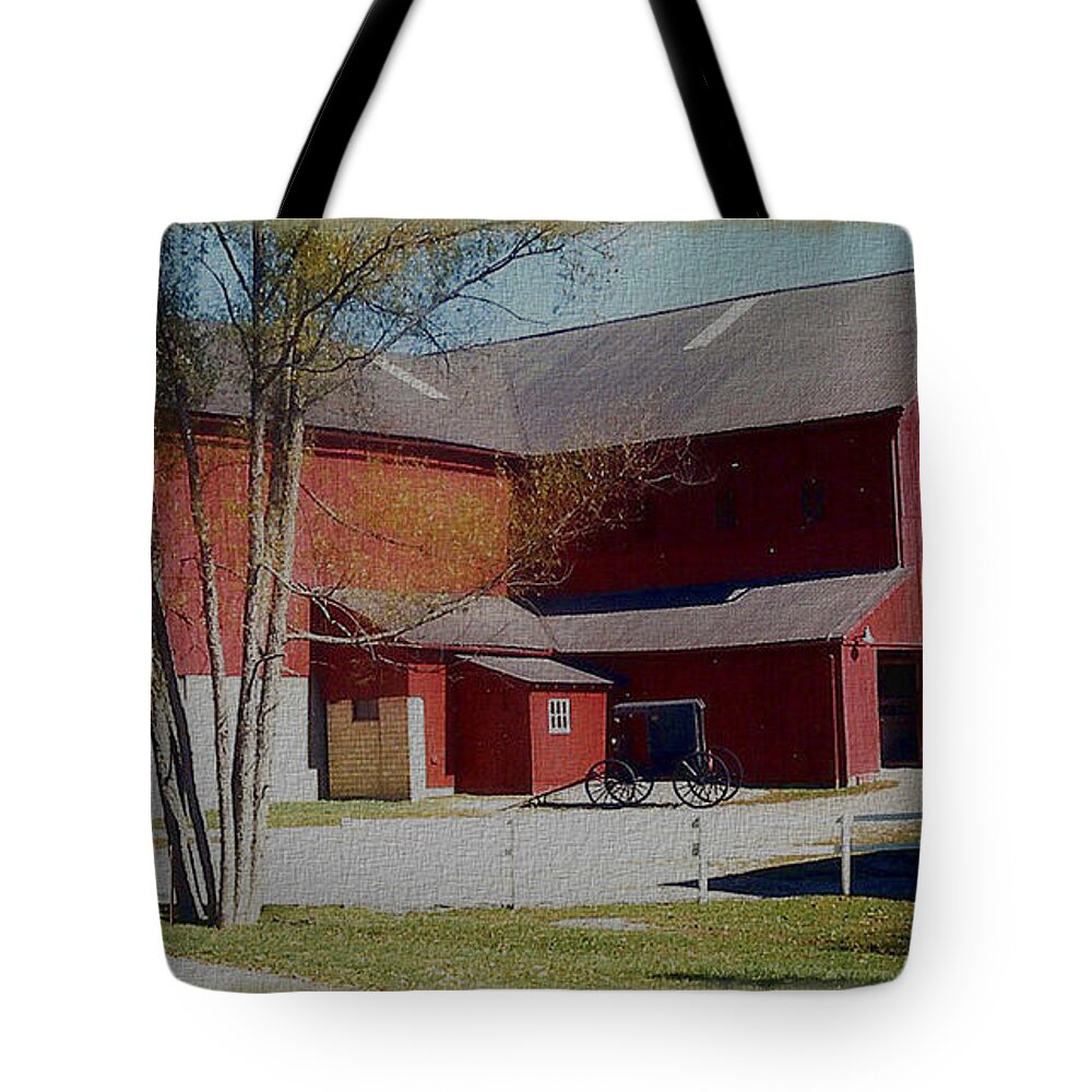 Barn Tote Bag featuring the photograph Amish Barn and Buggy by Charles Robinson