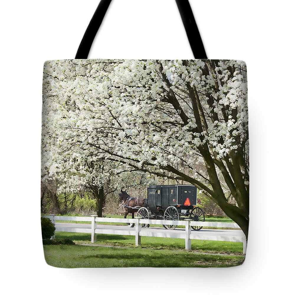 Spring Tote Bag featuring the photograph Amish Buggy Fowering Tree by David Arment