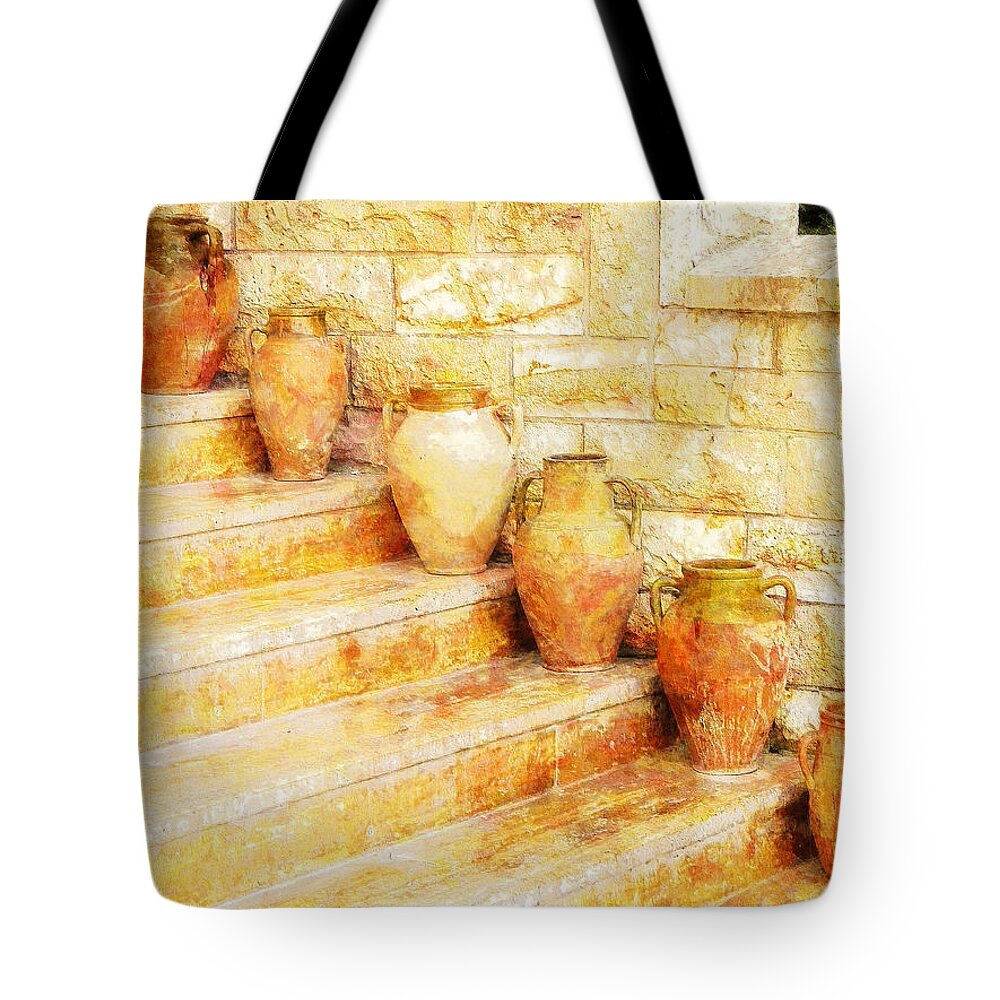 Amphora Tote Bag featuring the painting Amphorae on steps by Sandy MacGowan