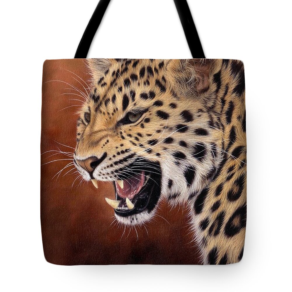 Leopard Tote Bag featuring the painting Amur Leopard Painting by Rachel Stribbling