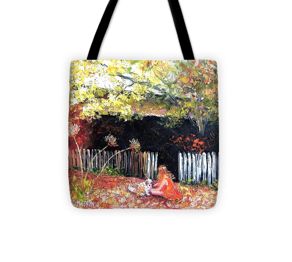 Landscape Tote Bag featuring the painting Amy and Milo by Jan Matson