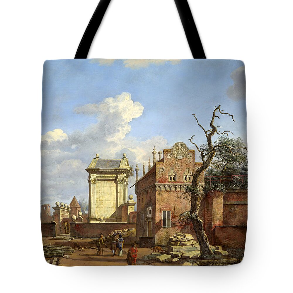 Jan Van Der Heyden Tote Bag featuring the painting An Architectural Fantasy by Jan van der Heyden