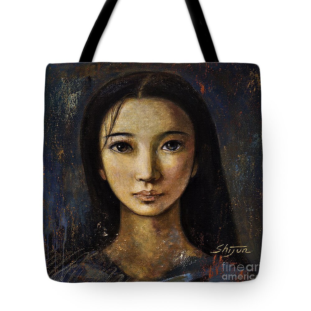Portraits Oil Painting Tote Bag featuring the painting An Enigmatic Face by Shijun Munns