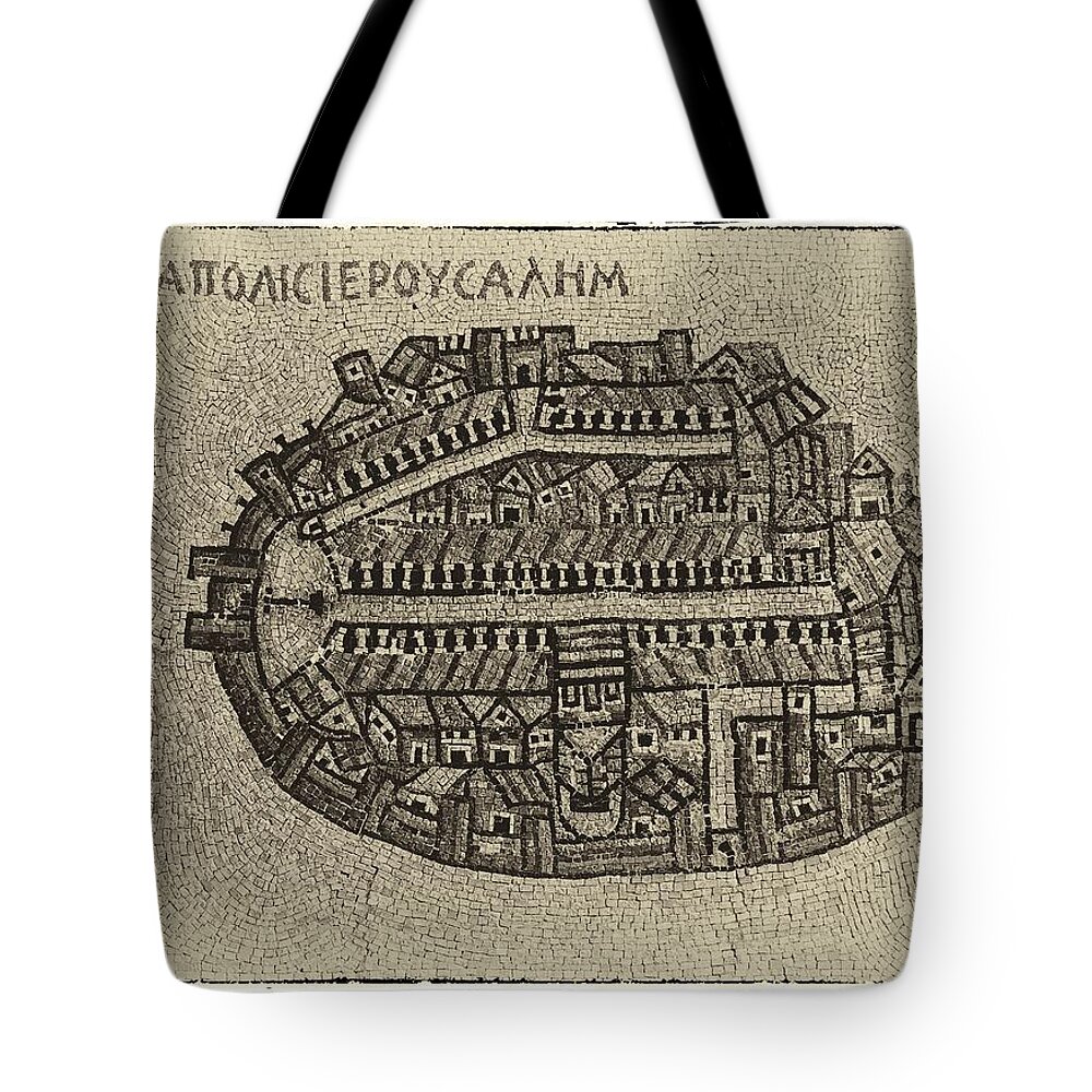 Israel Tote Bag featuring the photograph Ancient Jerusalem Mosaic Map Antiqued by Mark Fuller