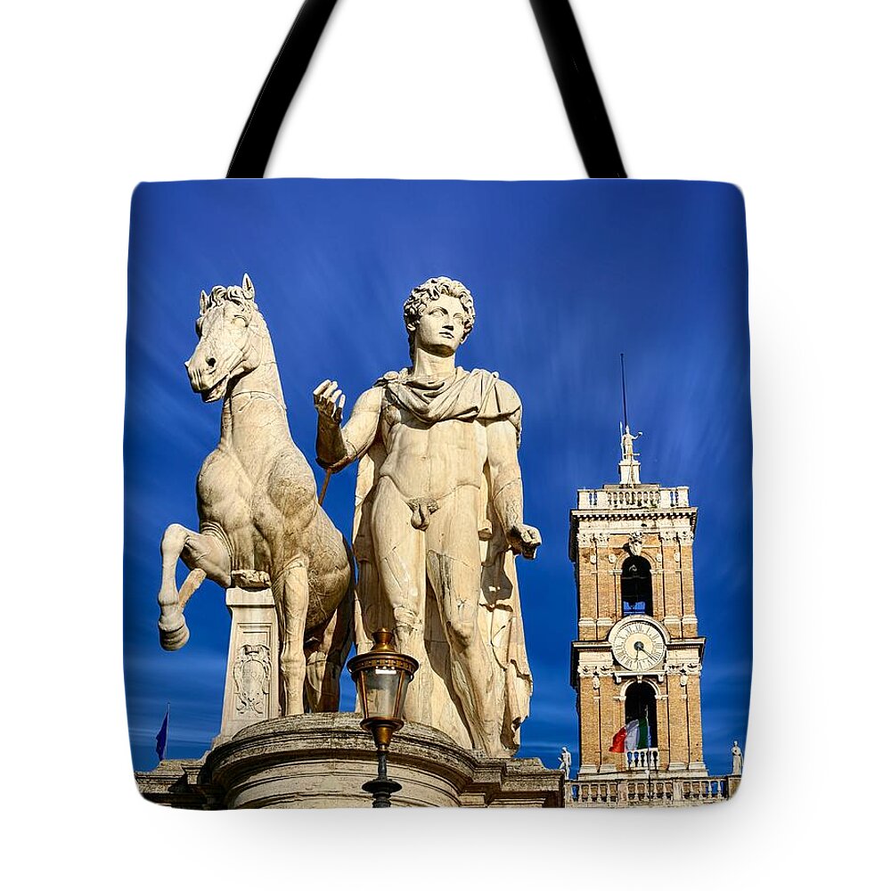 Castor Tote Bag featuring the photograph Ancient marble sculpture of Castor at the Cordonata Stairs by Stefano Senise