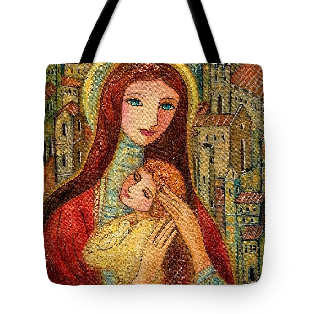 Mother And Child Tote Bag featuring the painting Ancient Mother and Son by Shijun Munns