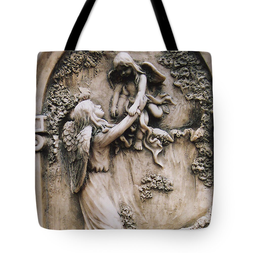Angels Tote Bag featuring the photograph Guardian Angel Holding Baby Angel - Guardian Angel With Baby Child Angel Wings - Angel Decor by Kathy Fornal