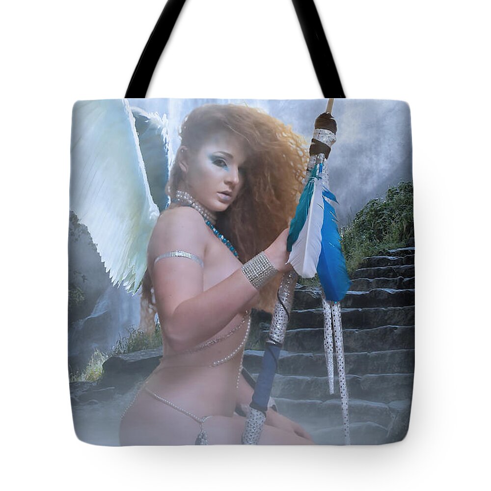 Recre8creation Tote Bag featuring the digital art Angel At The Gates by Recreating Creation