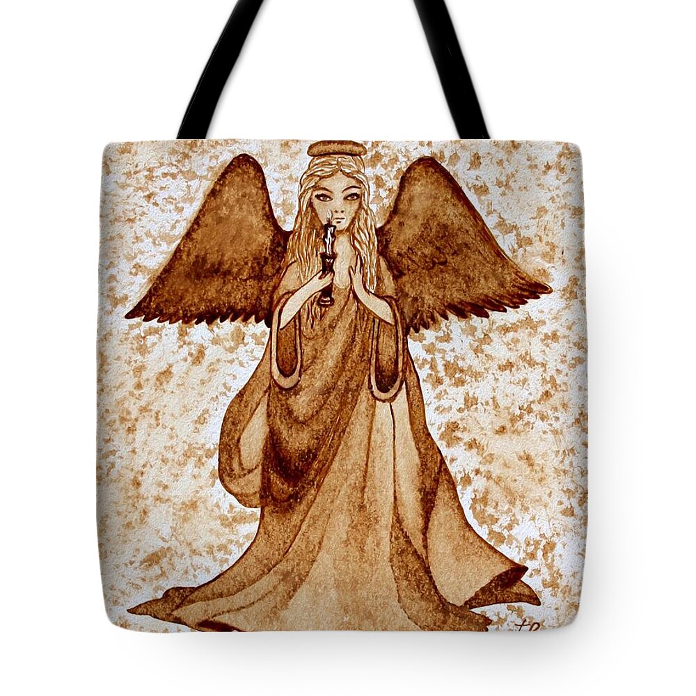 Angel Tote Bag featuring the painting Angel of Hope original coffee painting by Georgeta Blanaru