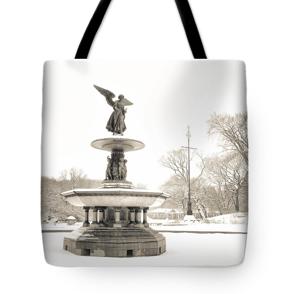 Central Park Tote Bag featuring the photograph Angel of the Waters - Central Park - Winter by Vivienne Gucwa