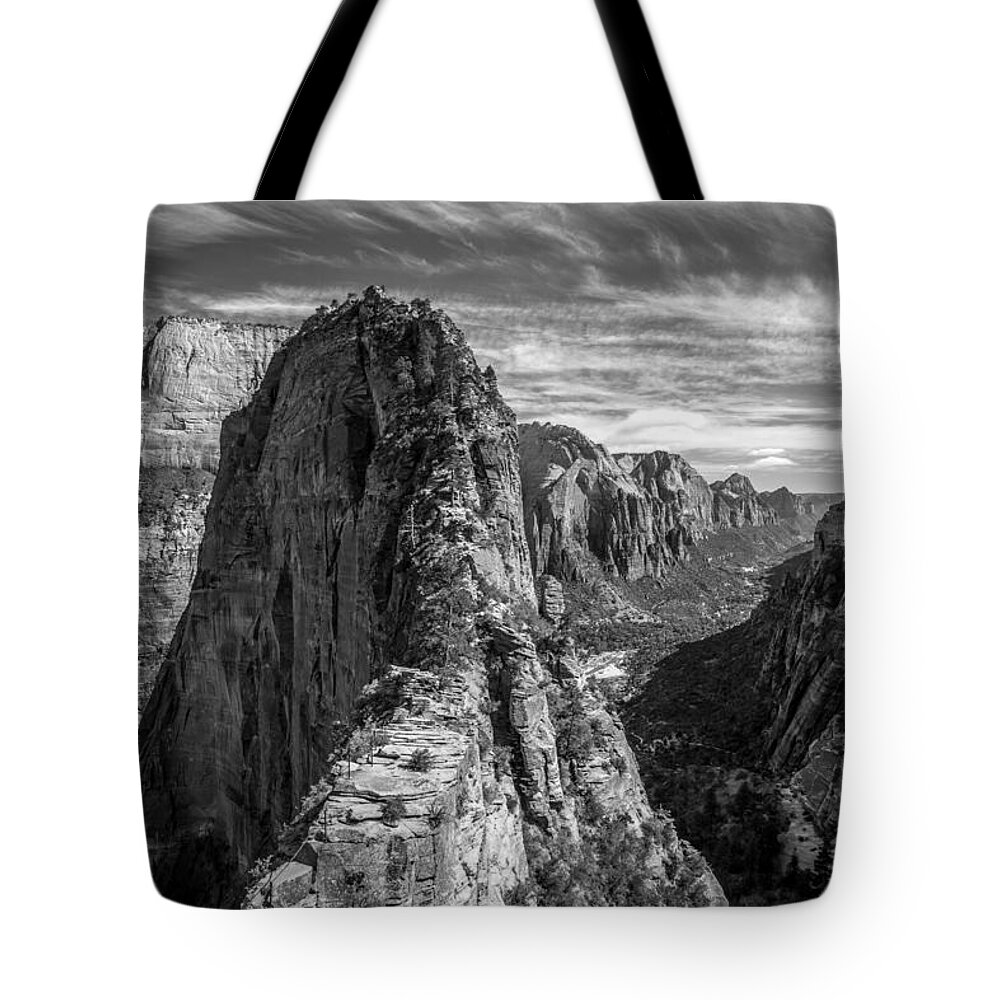 Angels Landing Tote Bag featuring the photograph Angel's Landing in Black and White by Pierre Leclerc Photography