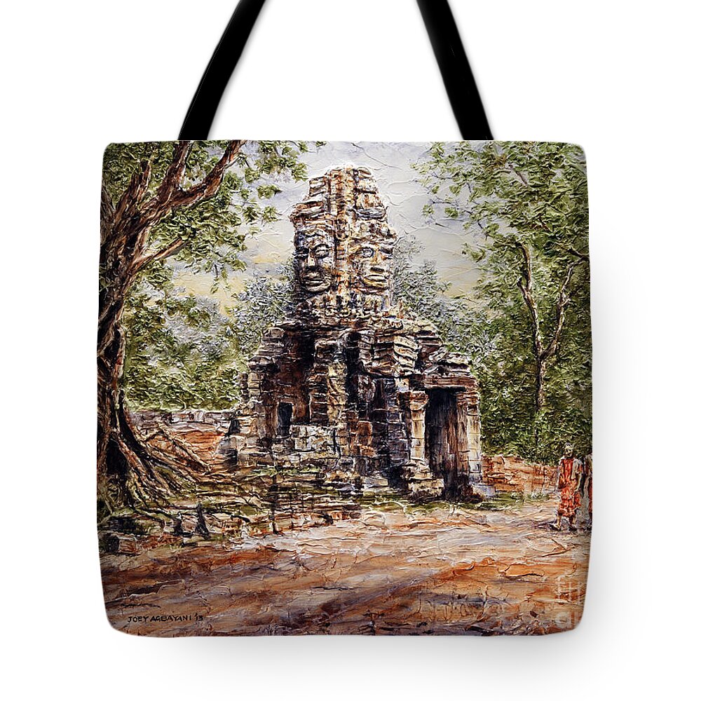 Monks Tote Bag featuring the painting Angkor Temple Gate by Joey Agbayani