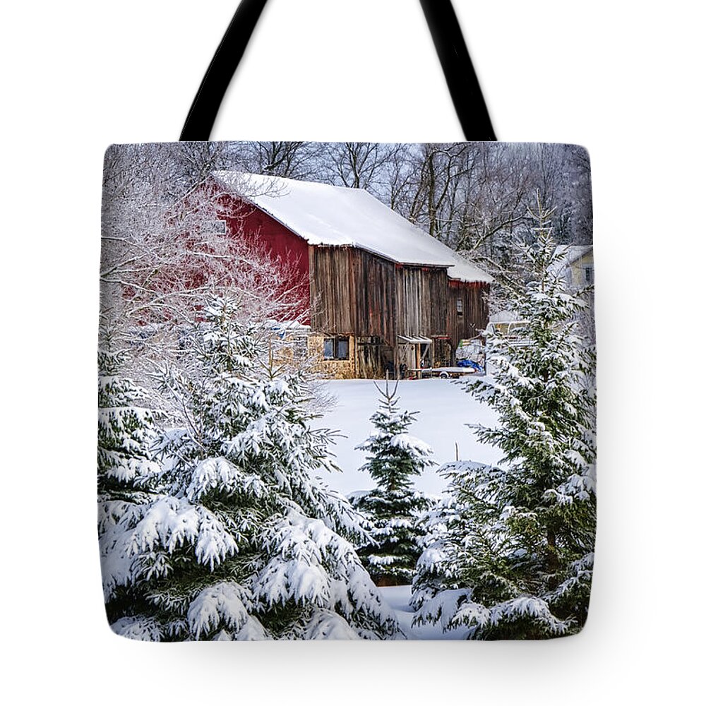 Evergreen Tote Bag featuring the photograph Another Wintry Barn by Joan Carroll