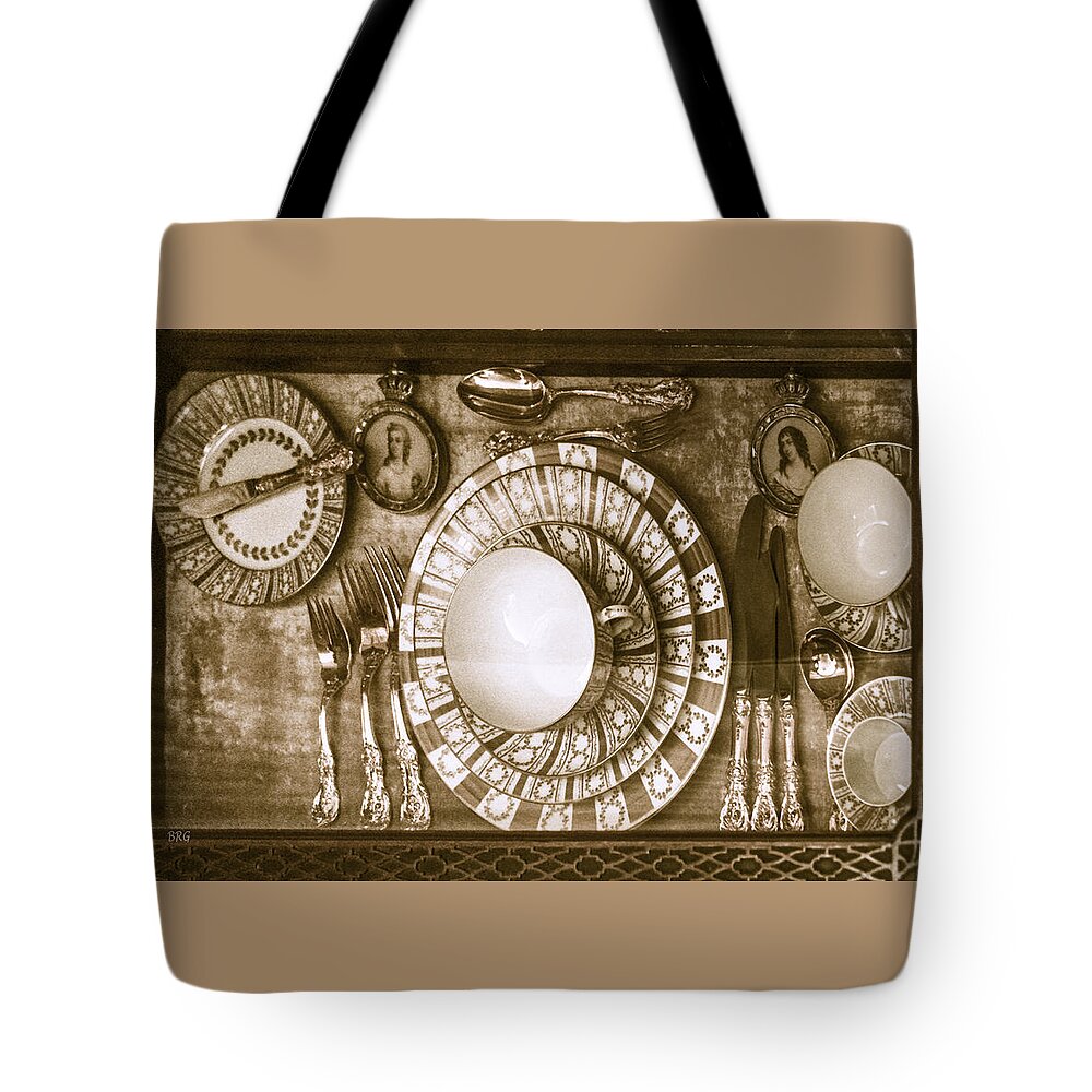Vintage Tote Bag featuring the photograph Antique Dinnerware Set In Display Cabinet by Ben and Raisa Gertsberg