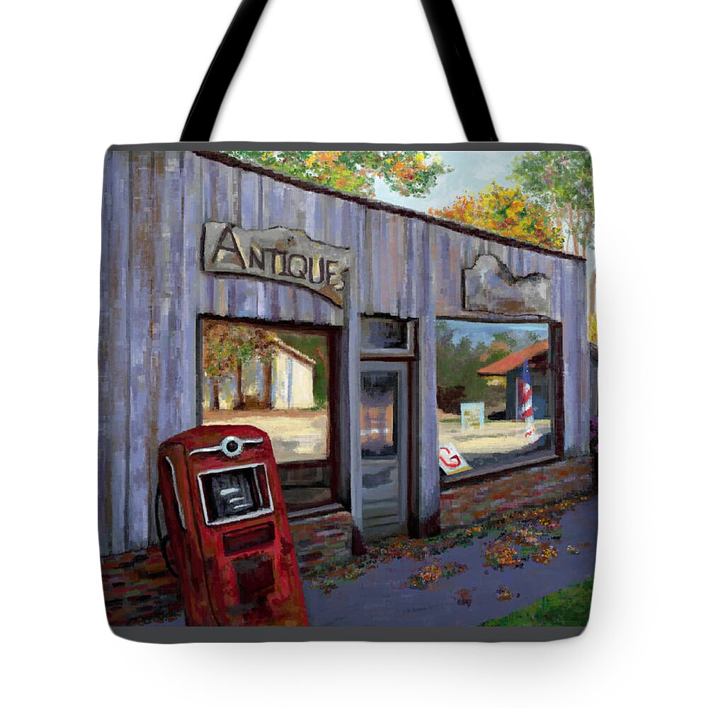 Historic Tote Bag featuring the painting Antiques on Route 66 by Jackie Case
