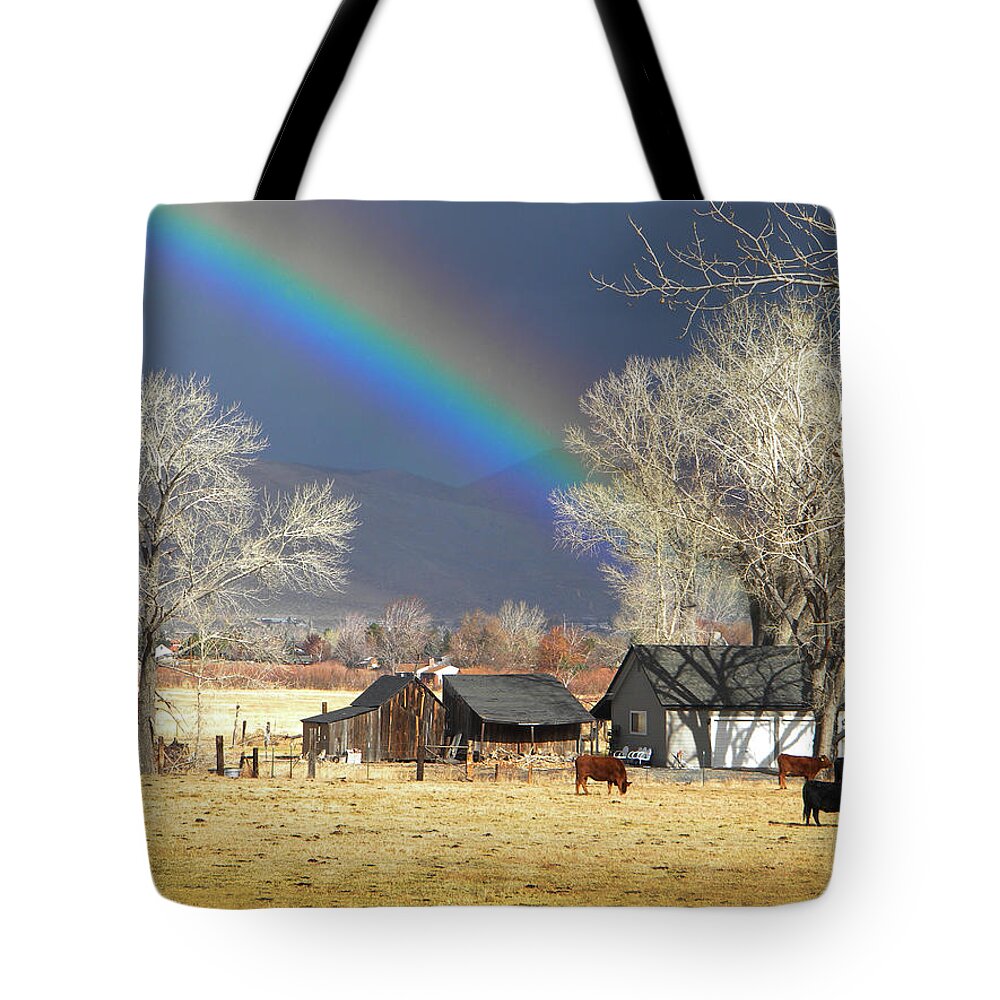 Rainbow Tote Bag featuring the photograph Approaching Storm At Cattle Ranch by Frank Wilson