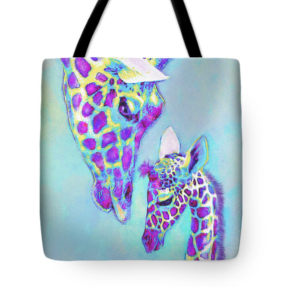 Jane Schnetlage Tote Bag featuring the digital art Aqua And Purple Loving Giraffes by Jane Schnetlage