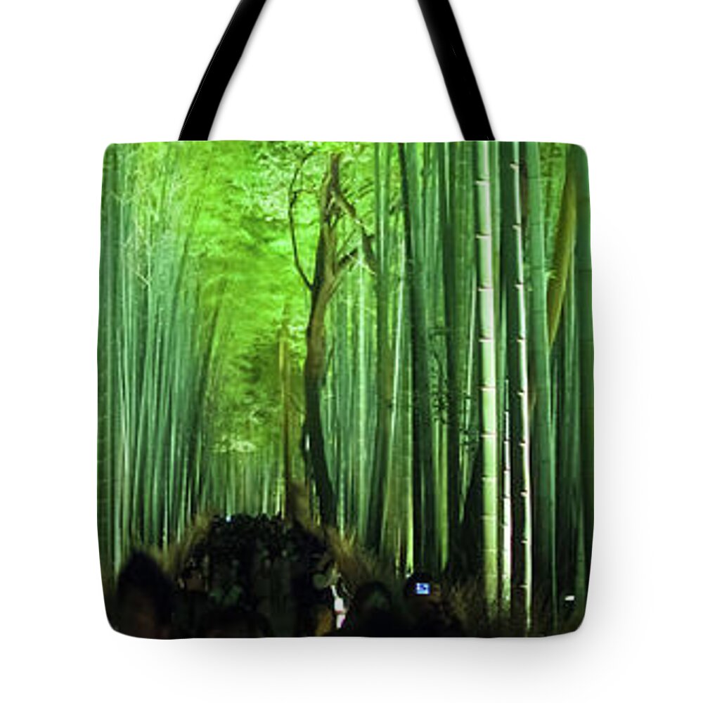 Tranquility Tote Bag featuring the photograph Arashiyama Bamboo Glade Night Panorama by Image © Andy Heather