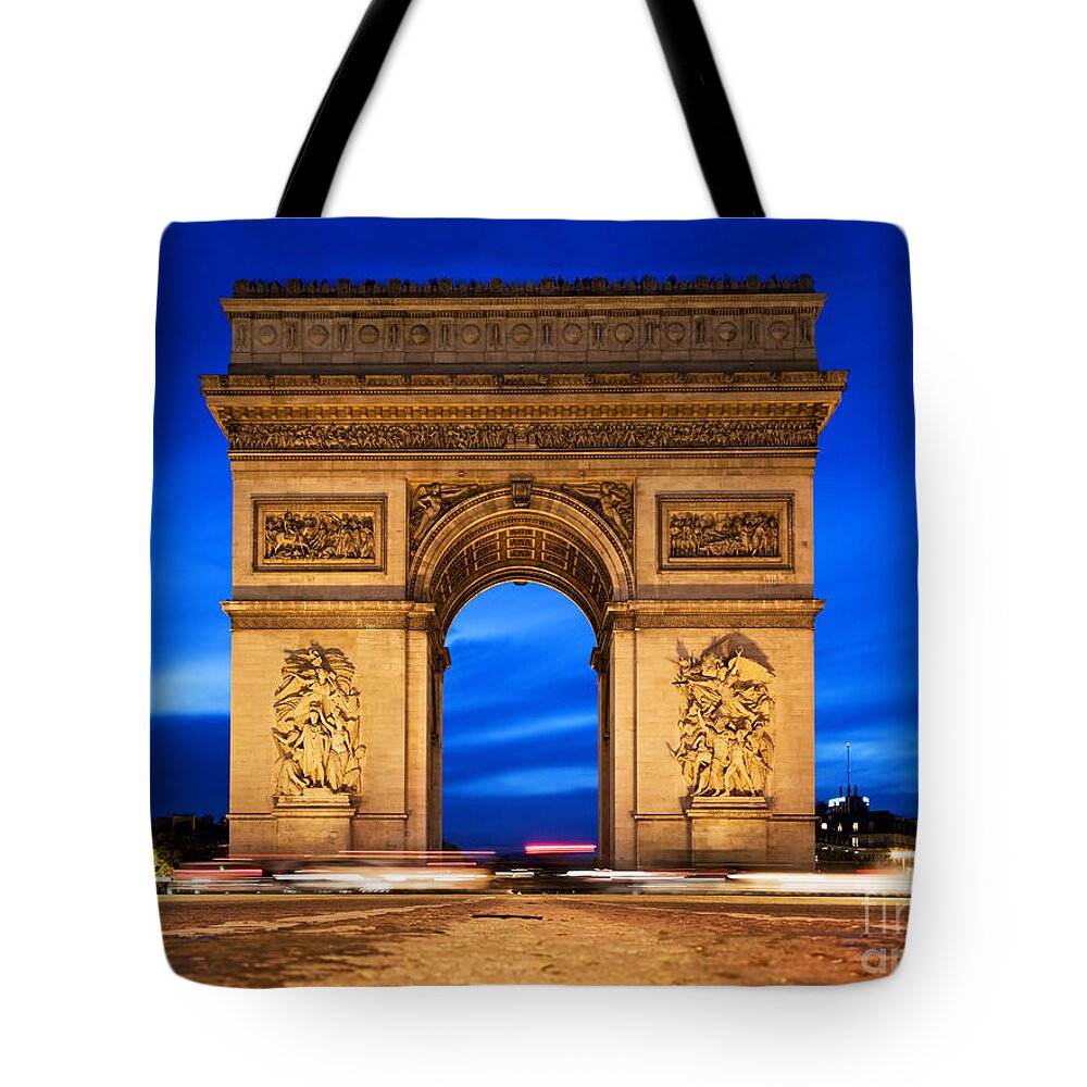 Paris Tote Bag featuring the photograph Arc de Triomphe at night Paris France by Michal Bednarek