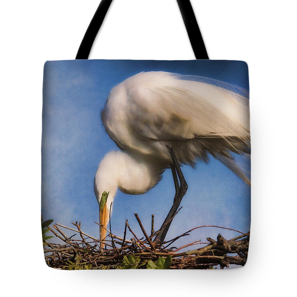 Egret Tote Bag featuring the photograph Are They Going To Hatch Soon by Deborah Benoit