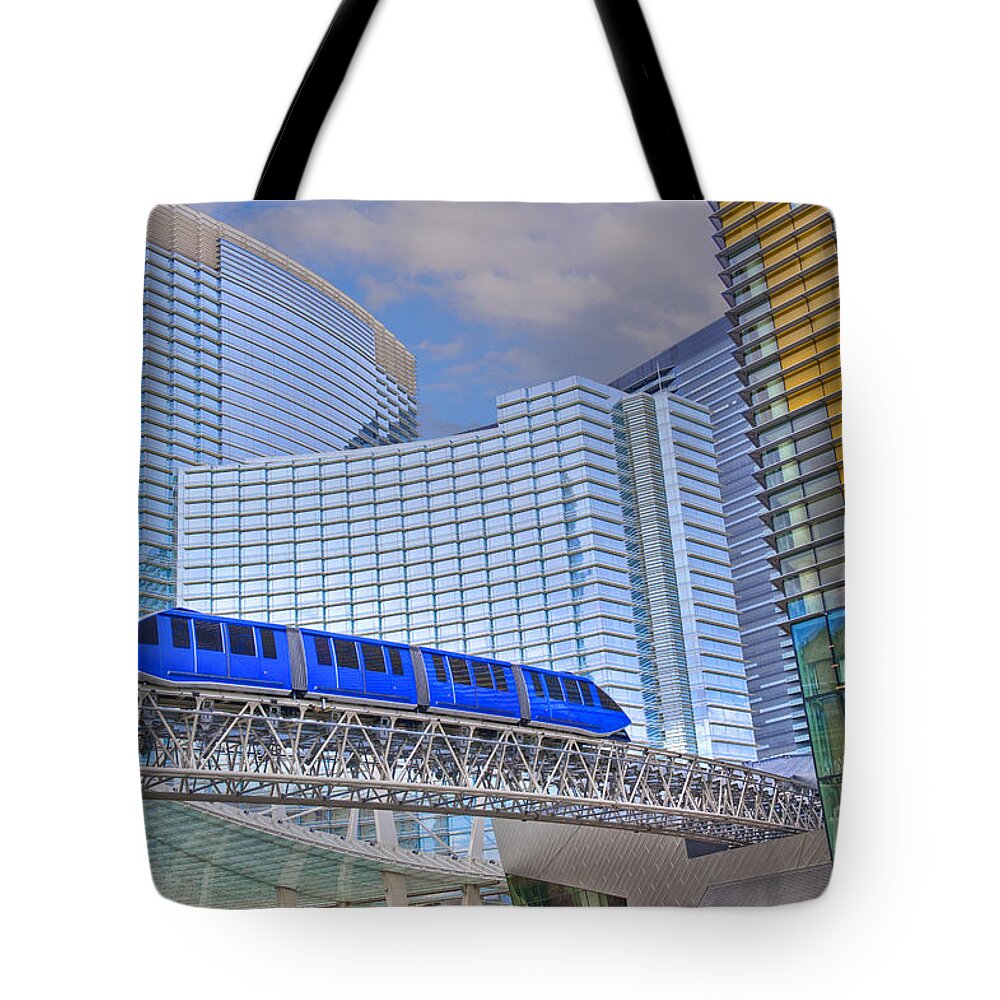 Las Vegas Tote Bag featuring the photograph Aria Las Vegas Nevada Hotel and Casino Tram by David Zanzinger