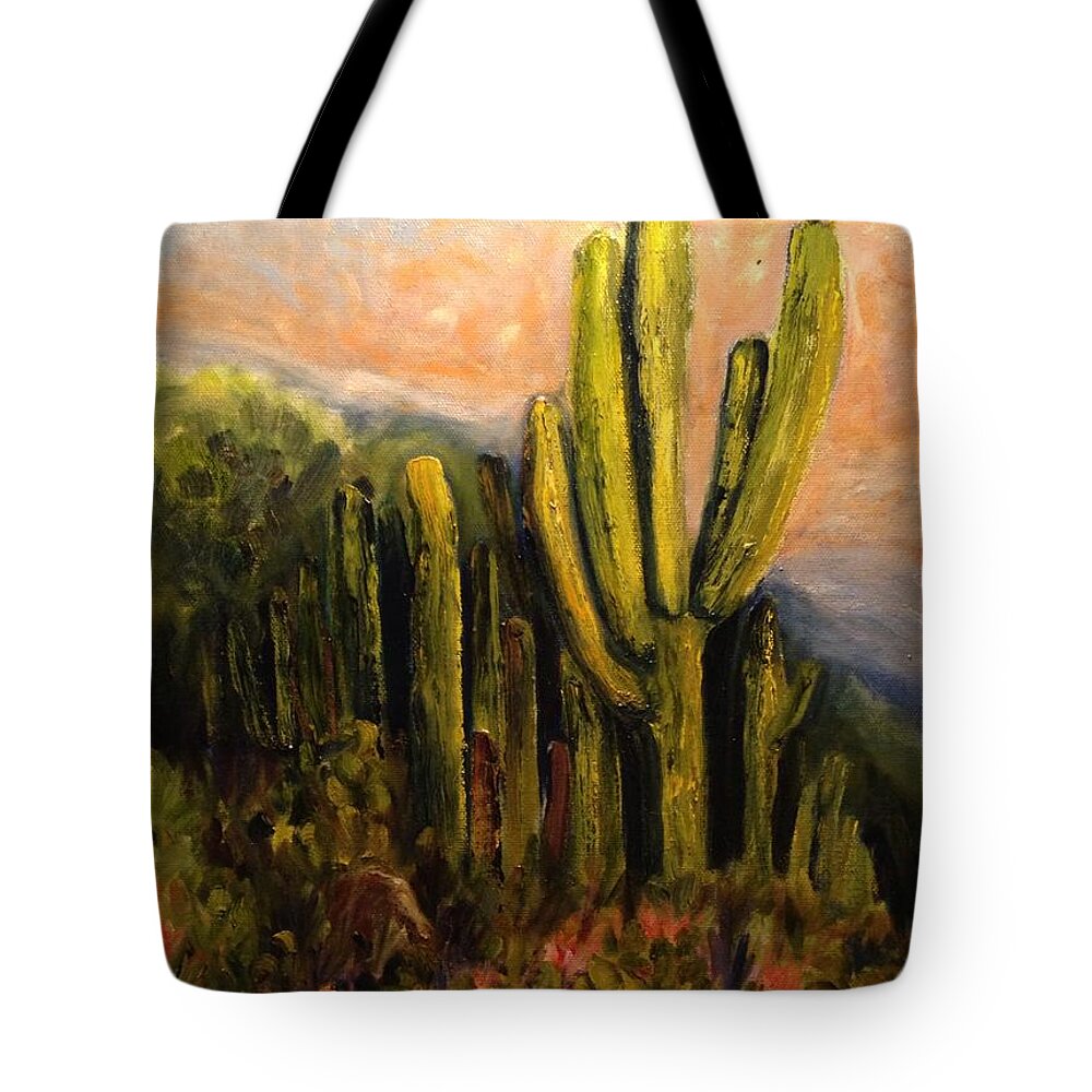 Landscape Tote Bag featuring the painting Arizona Desert Blooms by Sherry Harradence