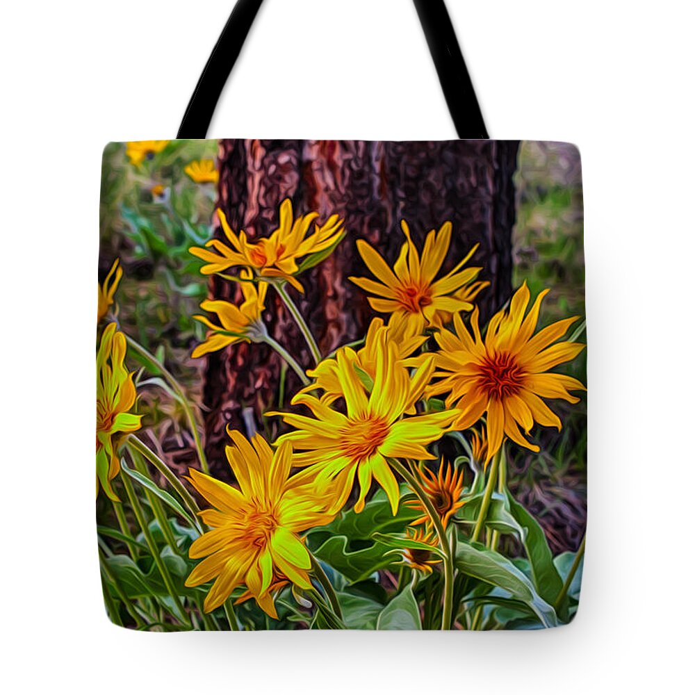 Alpine Tote Bag featuring the painting Arrowleaf Balsamroot by Omaste Witkowski