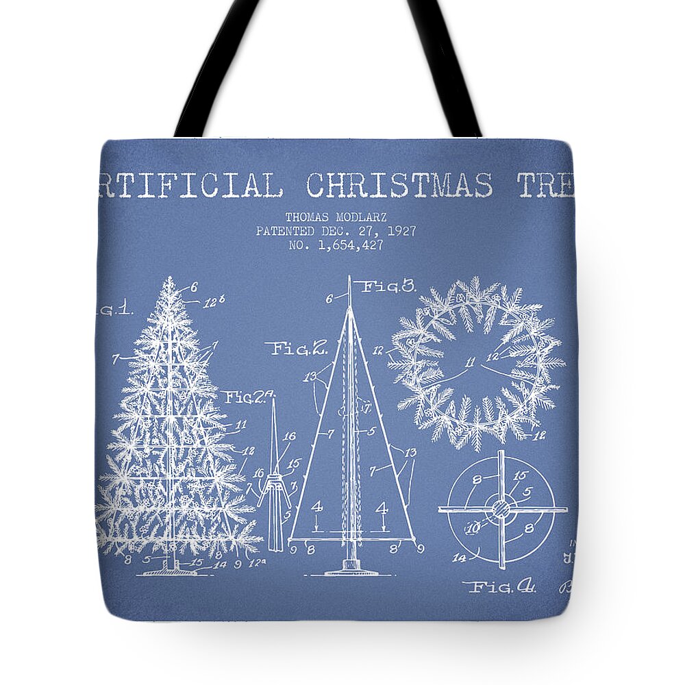 Christmas Tote Bag featuring the digital art Artifical Christmas Tree Patent from 1927 - Light Blue by Aged Pixel