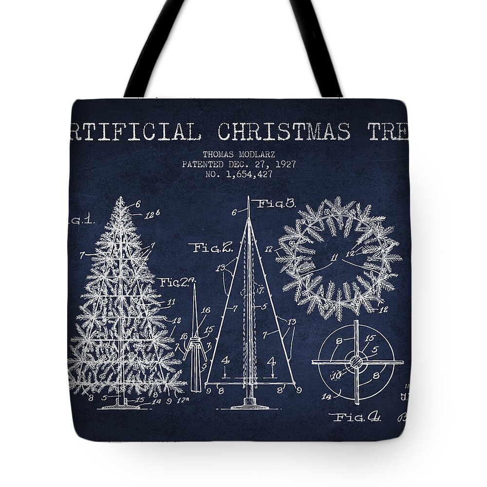 Christmas Tote Bag featuring the digital art Artifical Christmas Tree Patent from 1927 - Navy Blue by Aged Pixel