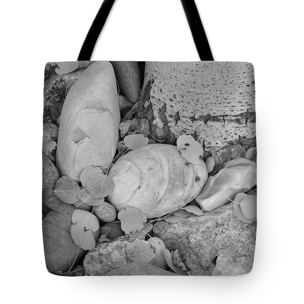 Aspen Tote Bag featuring the photograph Aspen Leaves on the Rocks - black and white by Dorrene BrownButterfield