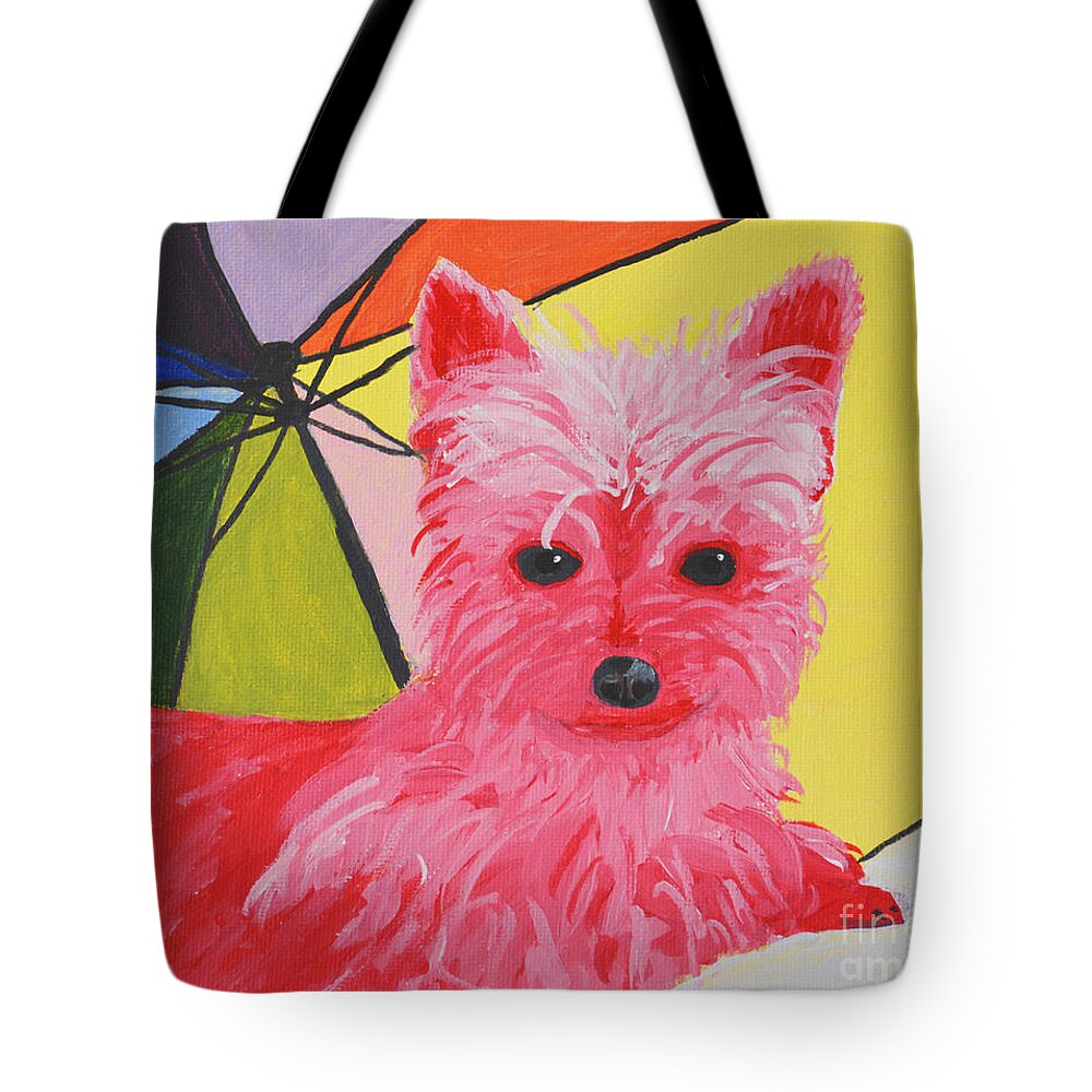 Pink Pampered Pooch Tote Bag featuring the painting At the beach pink pampered pooch by Christine Dekkers
