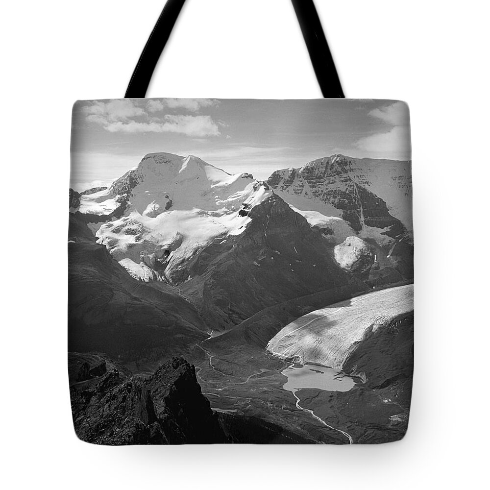 Athabasca Glacier Tote Bag featuring the photograph T-303504-BW-Athabasca Glacier in 1957 by Ed Cooper Photography