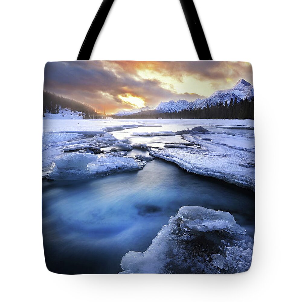Tranquility Tote Bag featuring the photograph Athabasca Sunrise by Yu Liu Photography