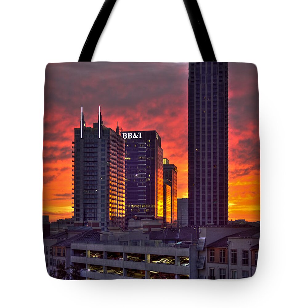 Reid Callaway Midtown Atlanta Tote Bag featuring the photograph Atlantic Station Sunrise Reflections Atlanta GA by Reid Callaway