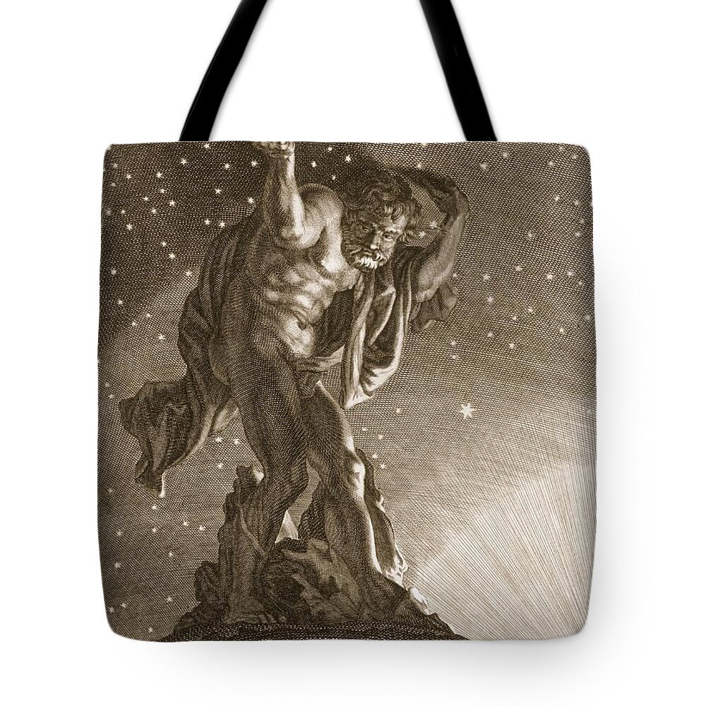 Atlas Tote Bag featuring the drawing Atlas Supports The Heavens by Bernard Picart