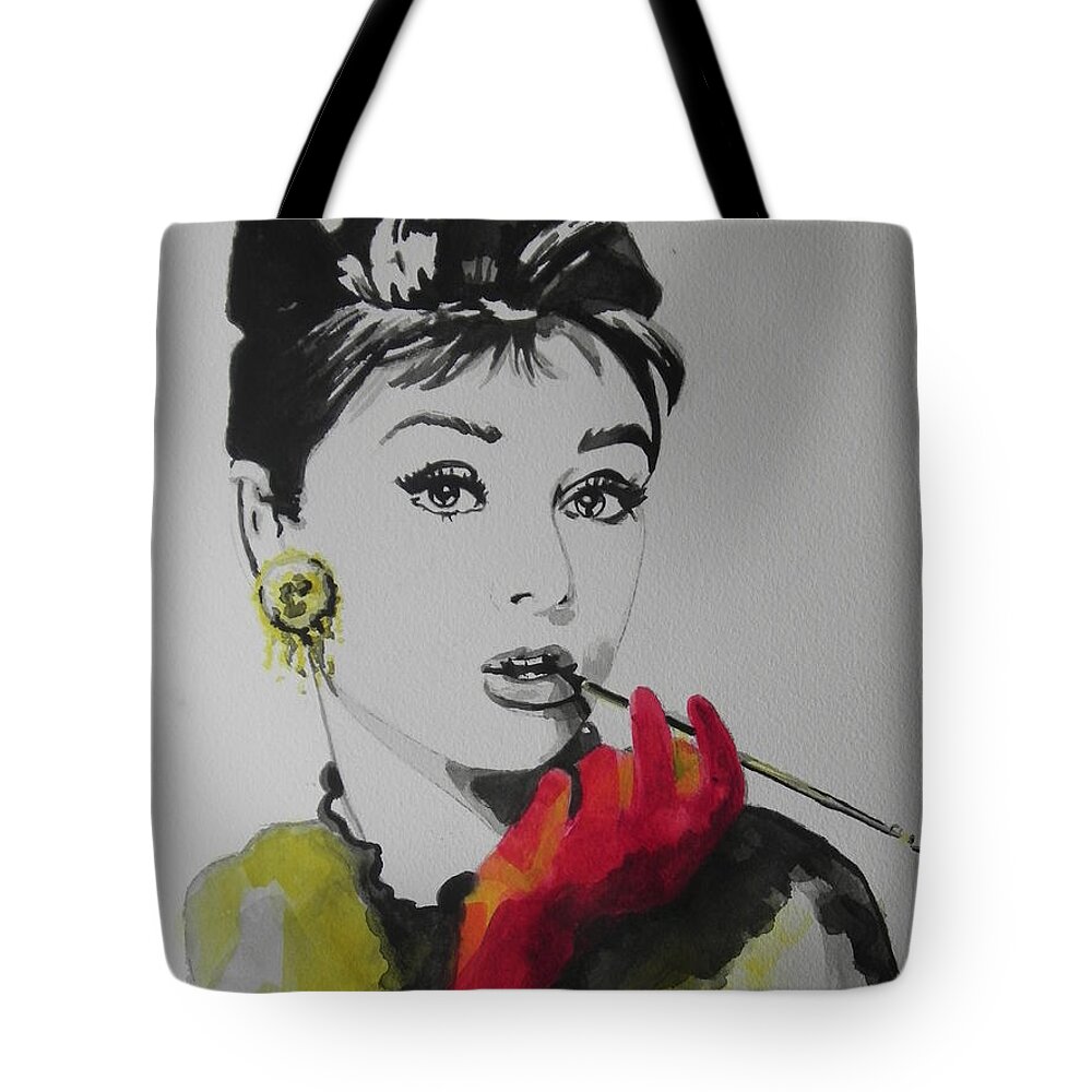 Watercolor Painting Tote Bag featuring the painting Audrey Hepburn by Chrisann Ellis