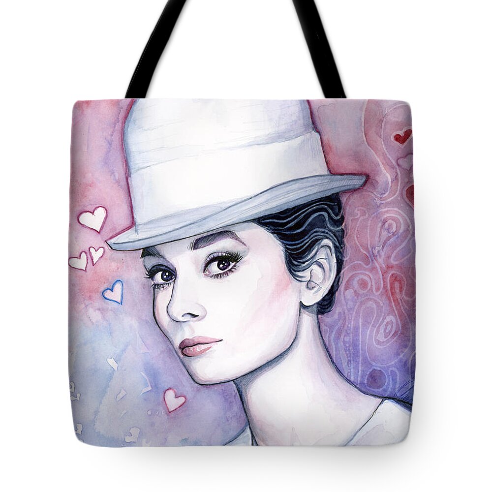 Audrey Tote Bag featuring the painting Audrey Hepburn Fashion Watercolor by Olga Shvartsur