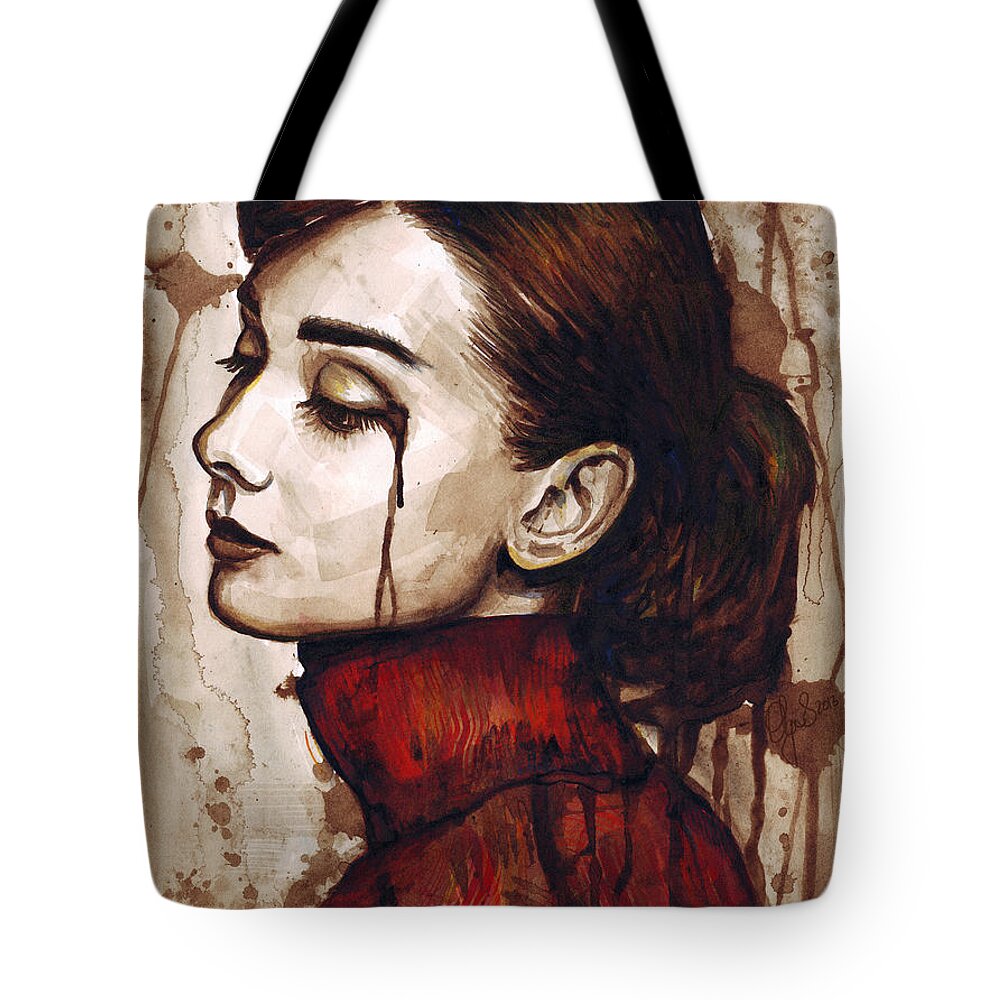 Audrey Hepburn Tote Bag featuring the painting Audrey Hepburn - Quiet Sadness by Olga Shvartsur