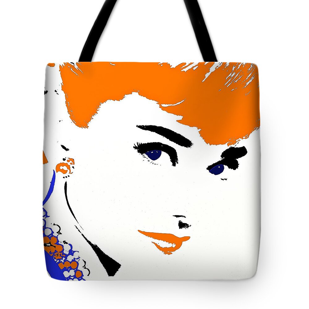 Audrey So Beautiful In Orange And Blue Tote Bag featuring the painting Audrey So Beautiful in Orange and Blue by Saundra Myles