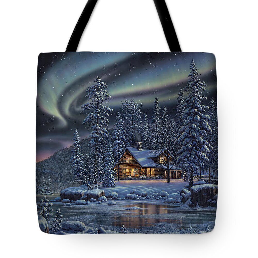 Winter Tote Bag featuring the painting Aurora Bliss by Kim Norlien