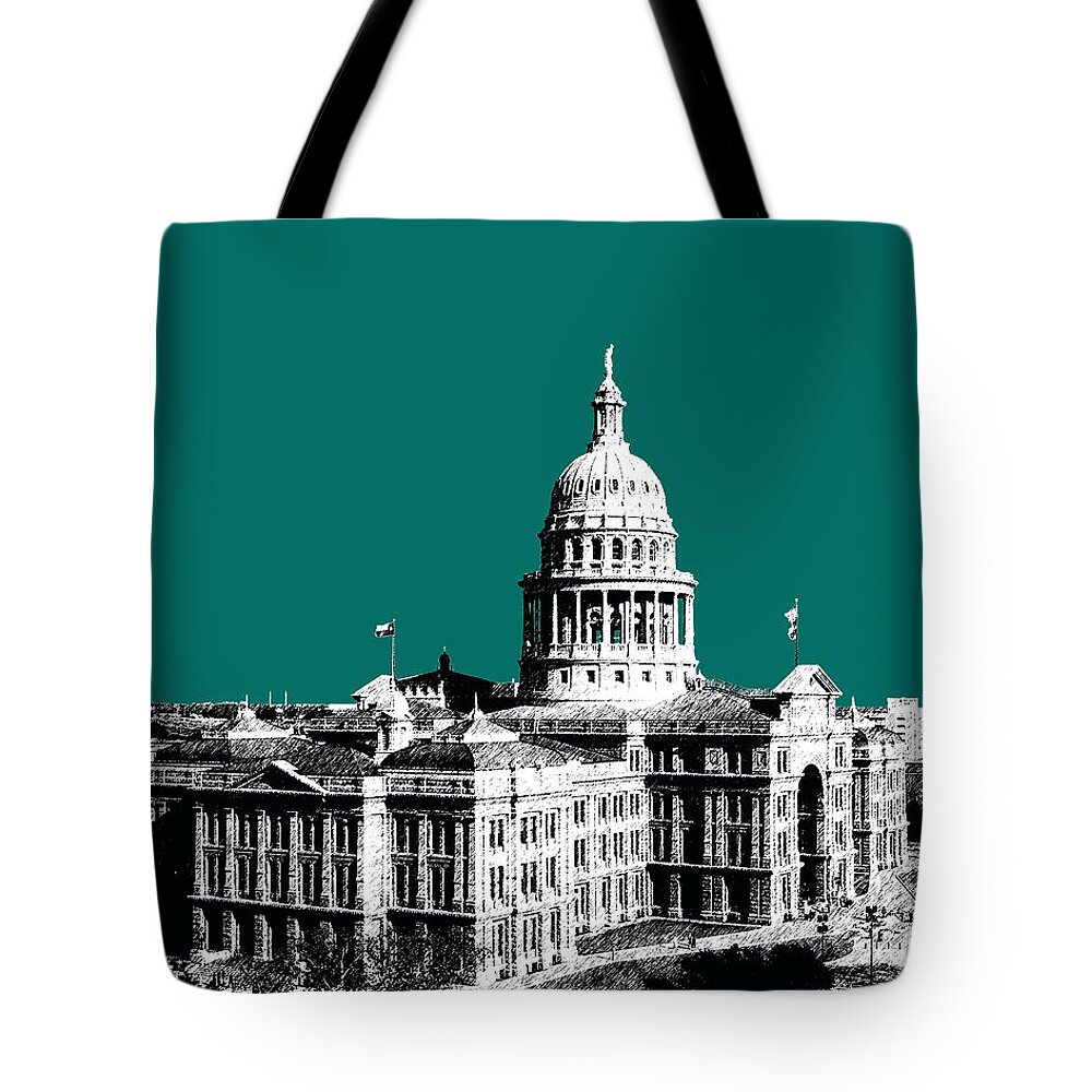 Architecture Tote Bag featuring the digital art Austin Texas Capital - Sea Green by DB Artist